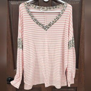 Pink Striped Women's Top with Leopard Accents